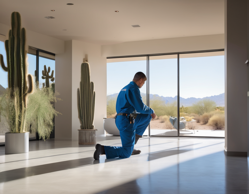Scottsdale, AZ A technician performing air duct cleaning Scottsdale AZ inside a well-kept McCormick Ranch area home with desert landscaping visible outside