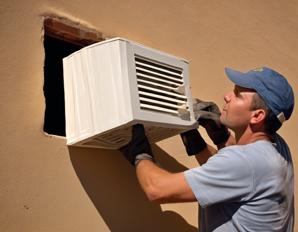 A technician performing exterior dryer vent cover cleaning by inspecting a lint-clogged louvered vent cap mounted on a stucco exterior wall in bright Arizona sunlight.
