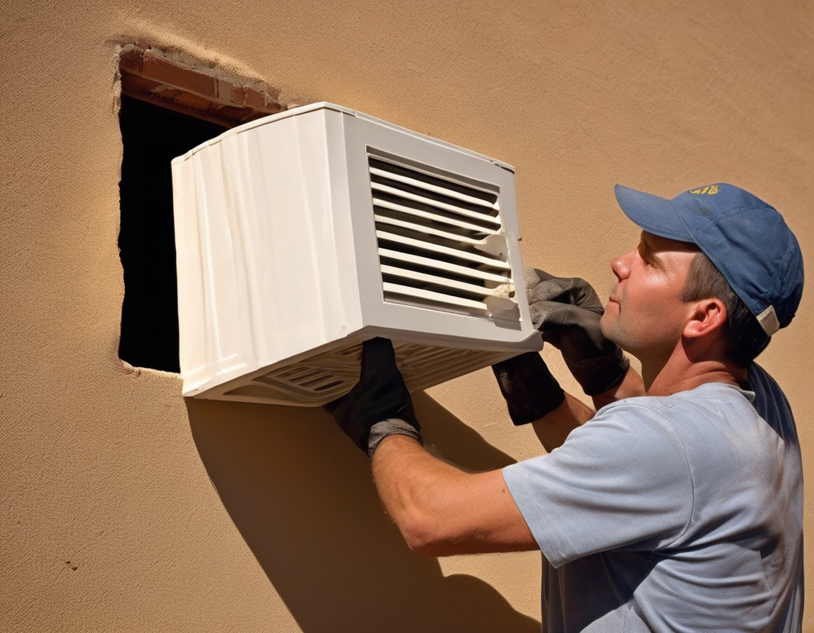 Why the Exterior Dryer Vent Cover Gets Ignored — and the Problems That Follow A technician performing exterior dryer vent cover cleaning by inspecting a lint-clogged louvered vent cap mounted on a stucco exterior wall in bright Arizona sunlight.
