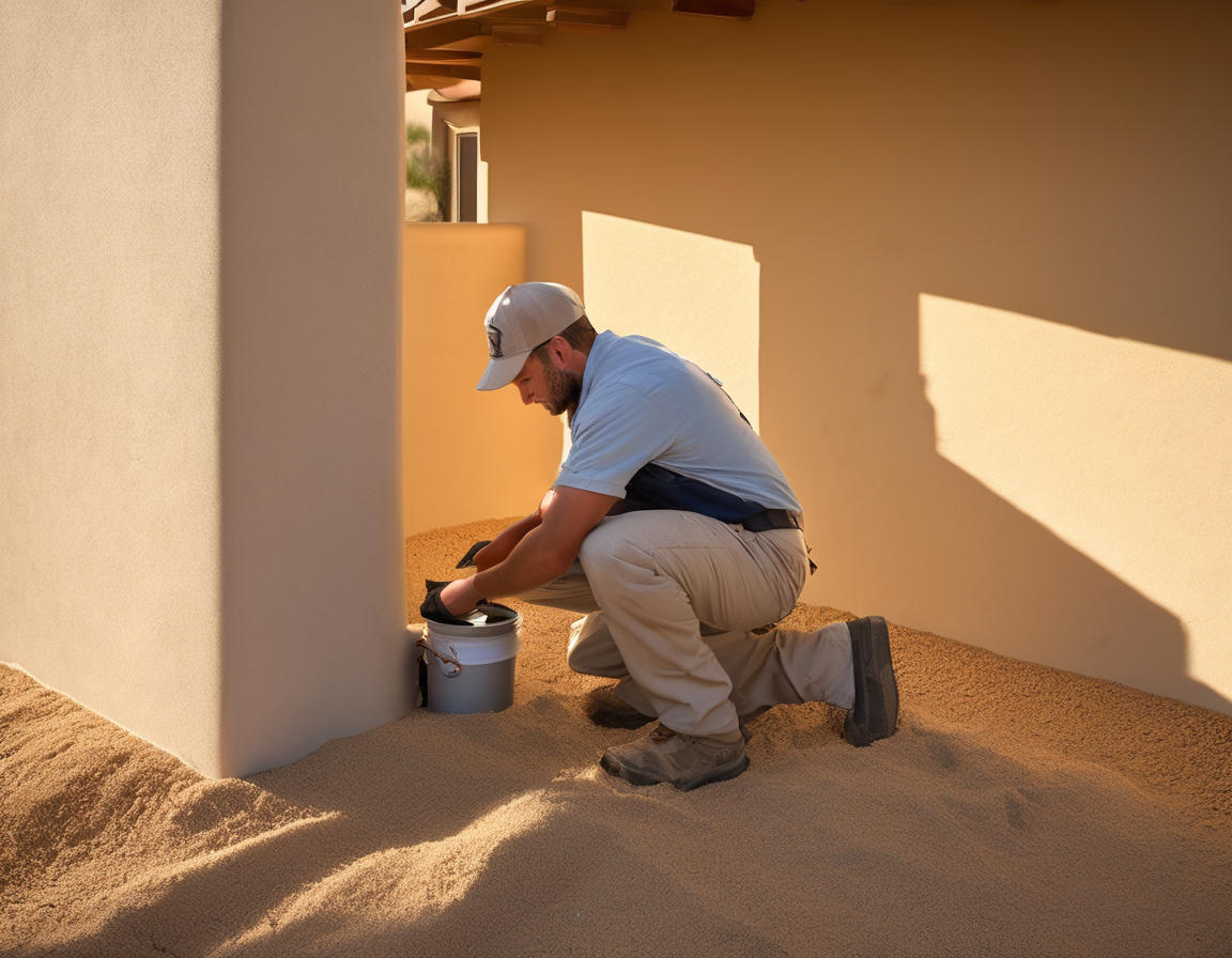 A technician performing exterior dryer vent cover cleaning by inspecting a lint-clogged louvered vent cap mounted on a stucco exterior wall in bright Arizona sunlight.