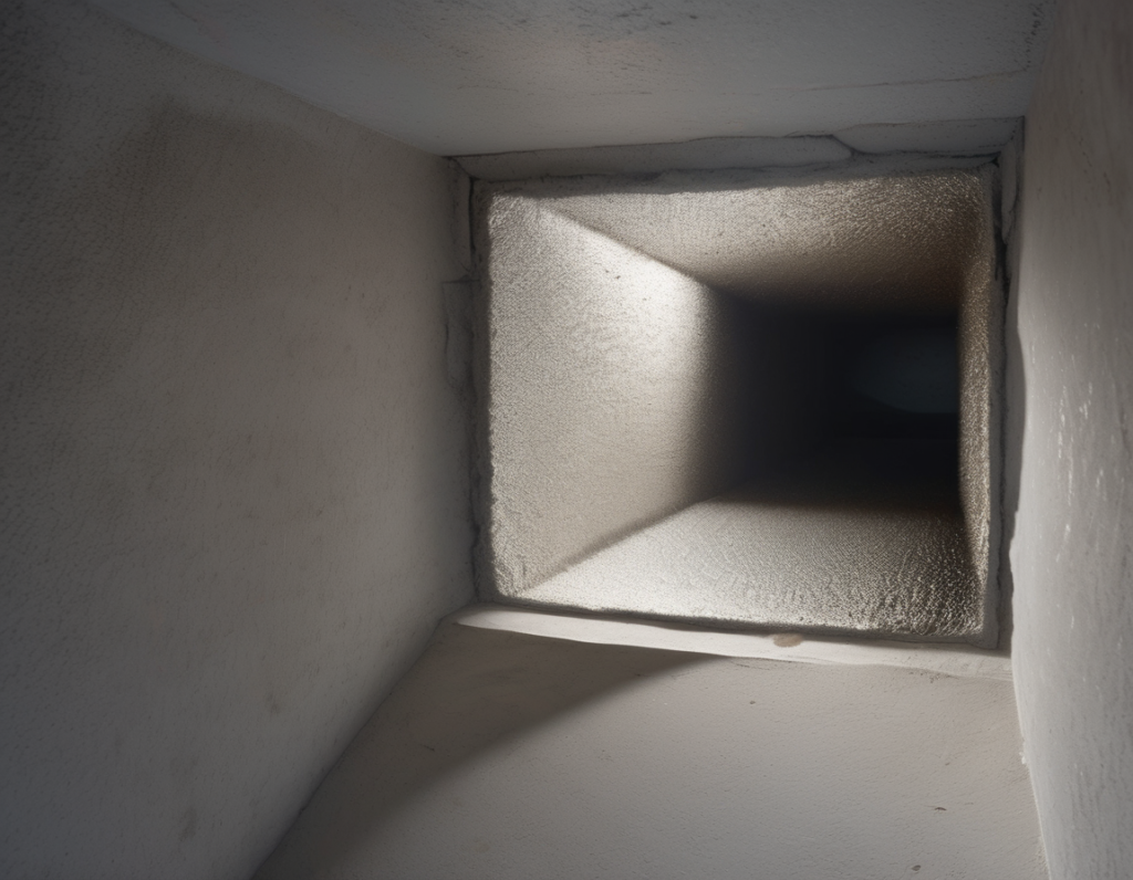 Renting Out Your Home? Here's Why Duct Cleaning Between Tenants Is Worth It Close-up camera view inside a dirty residential air duct showing thick dust buildup — the kind of contamination that makes rental property duct cleaning essential between tenants.
