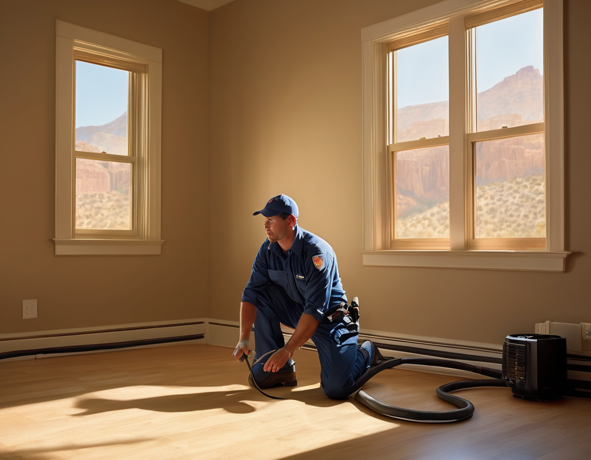 Flat Fee vs. Per-Vent Pricing: Which Duct Cleaning Model Is Fairer to You An flat fee vs per vent duct cleaning technician attaching vacuum equipment to a duct access panel inside a sunny home