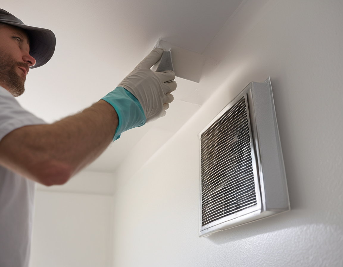 An flat fee vs per vent duct cleaning technician attaching vacuum equipment to a duct access panel inside a sunny home