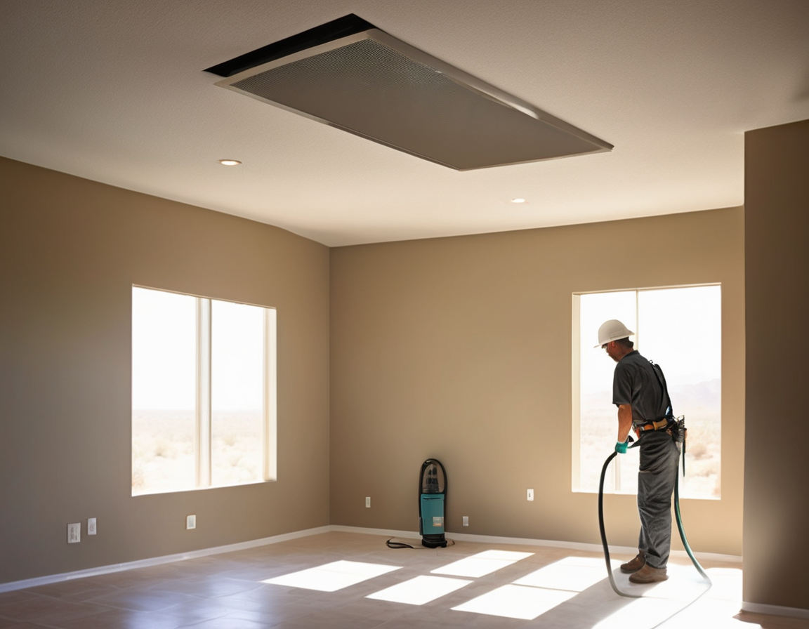 A air duct cleaning technician connecting negative-pressure equipment to a ceiling supply vent inside an Arrowhead Ranch area home in Glendale, Arizona