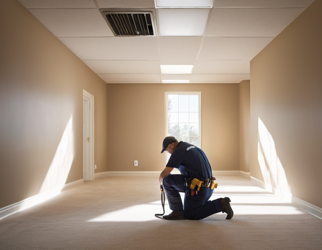 Tempe, AZ A licensed duct cleaning technician performing air duct cleaning Tempe AZ inside a South Tempe ranch-style home near Kiwanis Park, with clean supply vents visible in the hallway